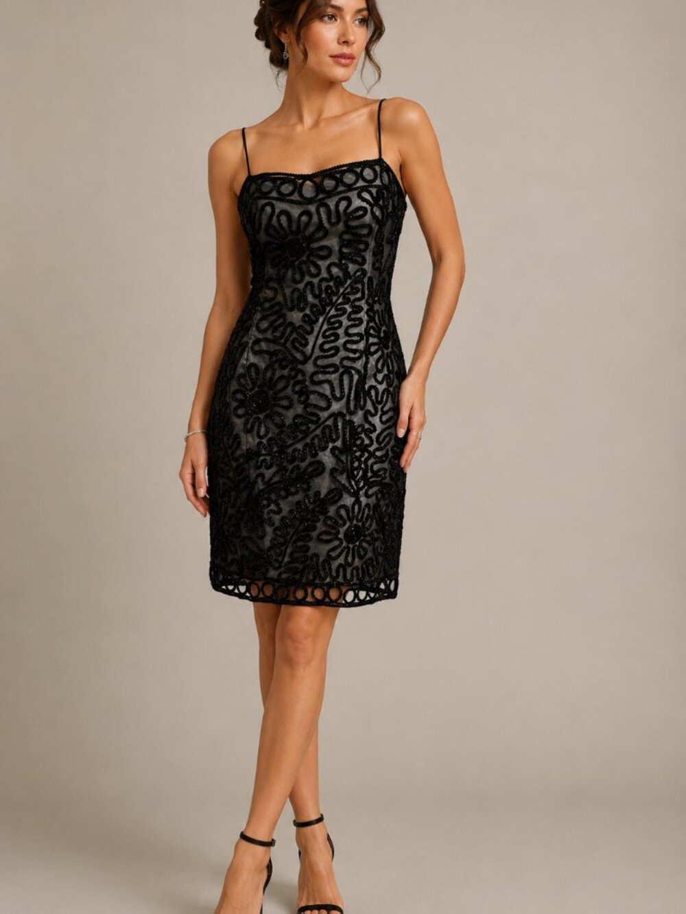 Adrianna Papell Black Beaded Mesh Cocktail Dress Petite 12 Vintage Glam